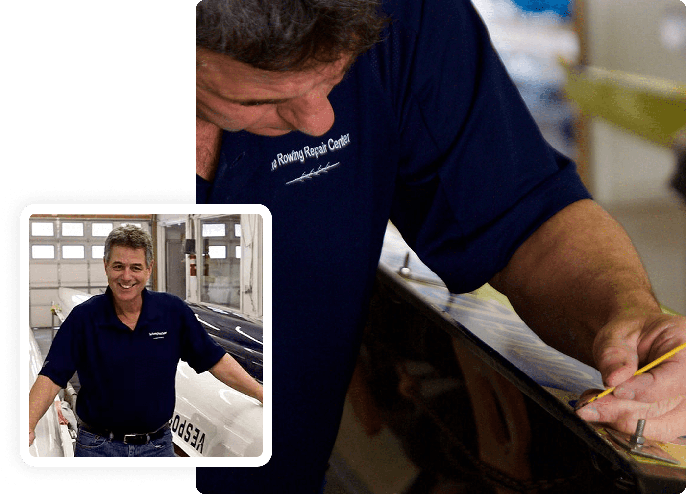 Man in blue shirt working with tools on a project.