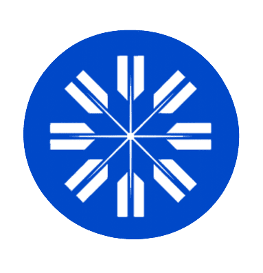 Blue circular logo with white geometric shapes forming a symmetrical pattern.
