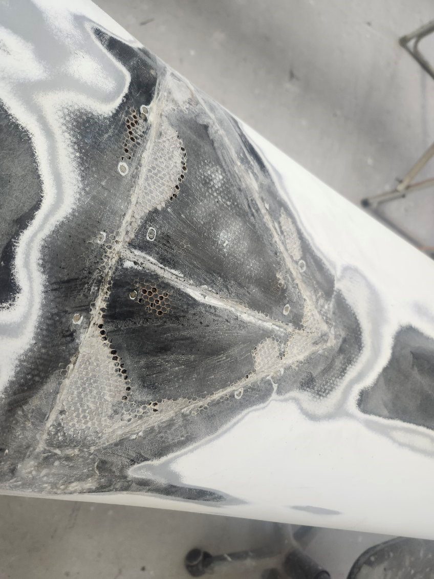 Close-up of a crystalline geode with gray and white layers.