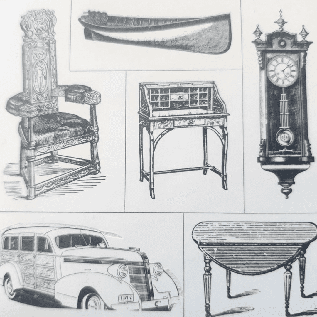 Vintage furniture and a classic car from early 20th century.
