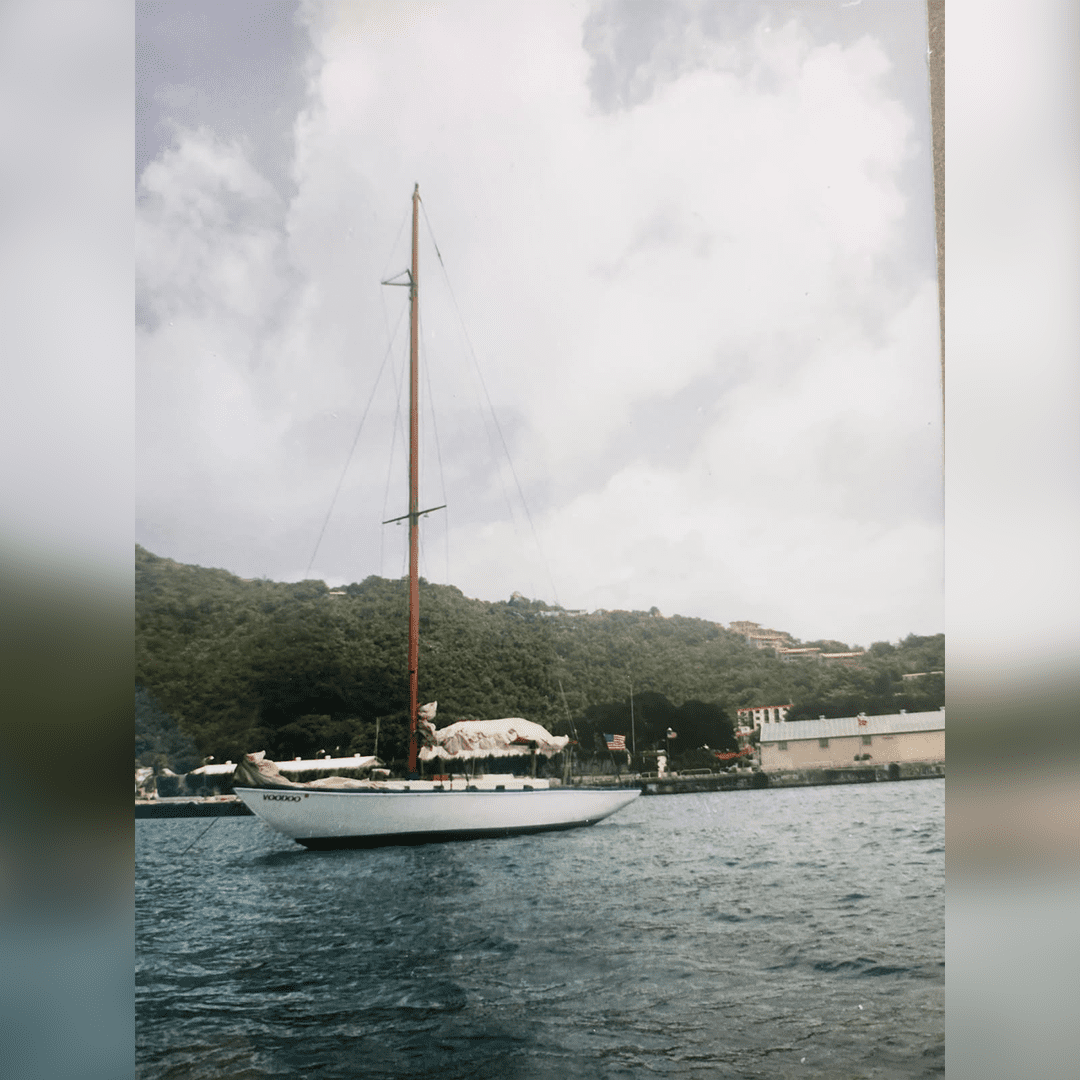 A sailboat anchored near a lush, green coastline under a cloudy sky.
